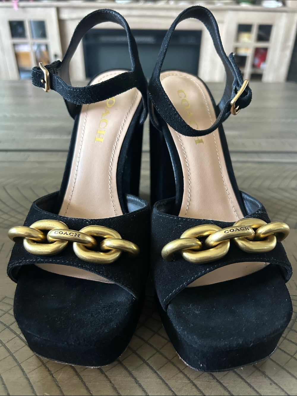 Coach Black Suede Platform Sandals with Gold Chain Detail